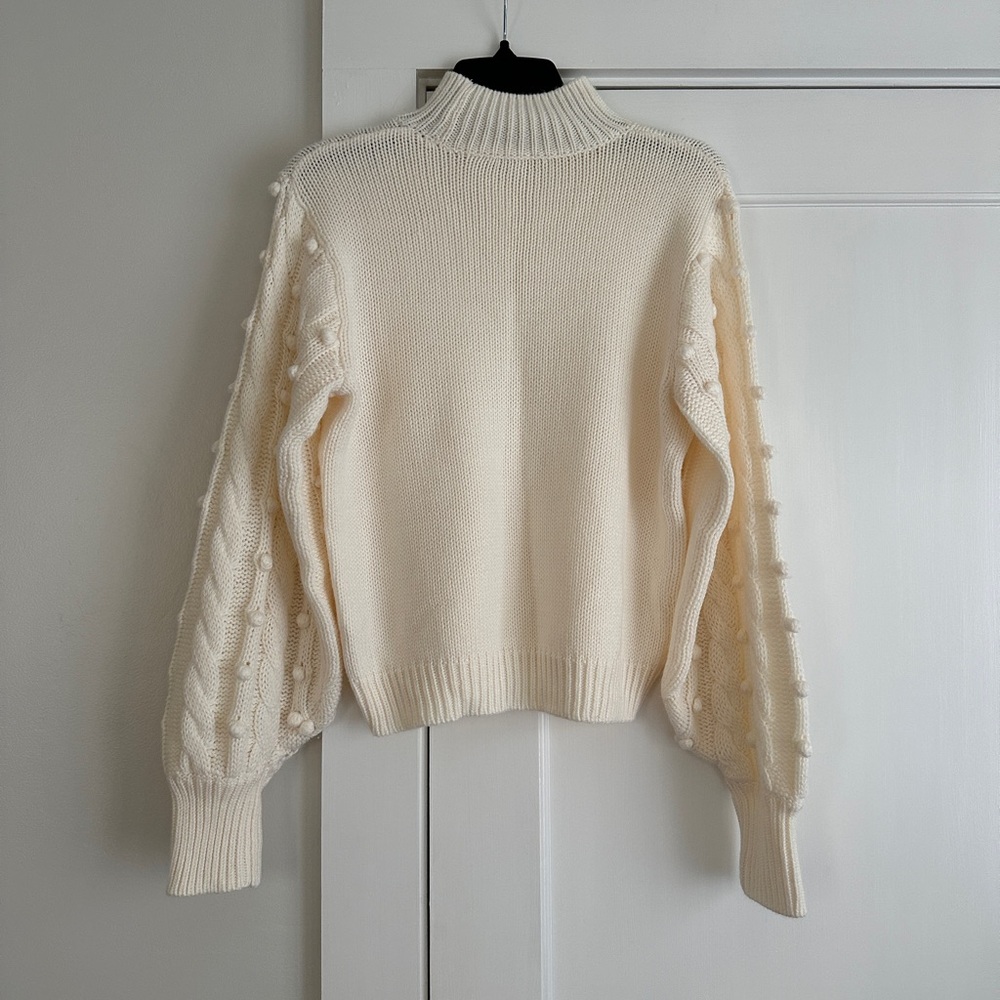 Gianni Bini Cream Knit Sweater with Pom Pom Sleeves - Picture 3 of 4